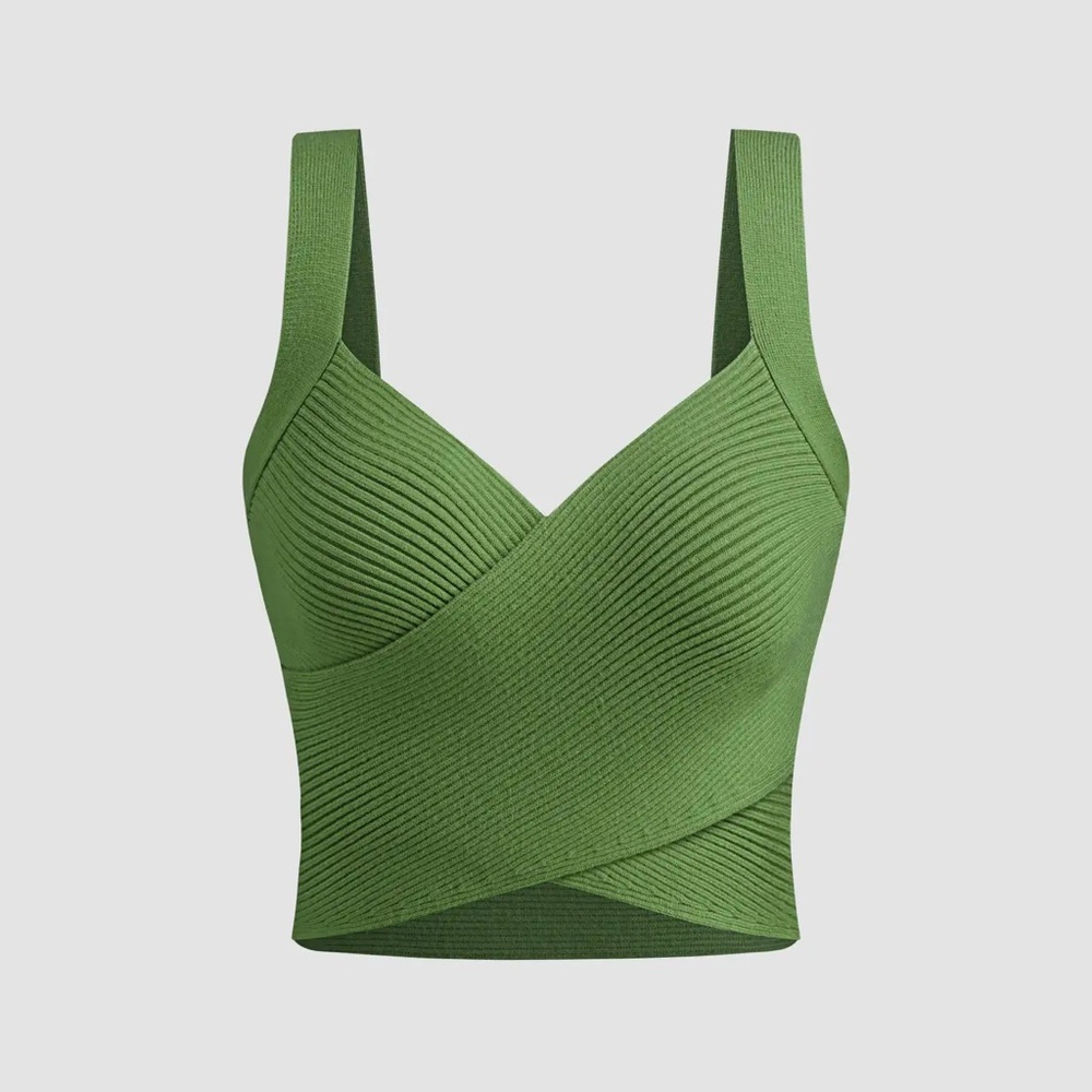 Cider - KNITTED V-NECK SOLID WRAP TEXTURE CROP TANK TOP- Green XL